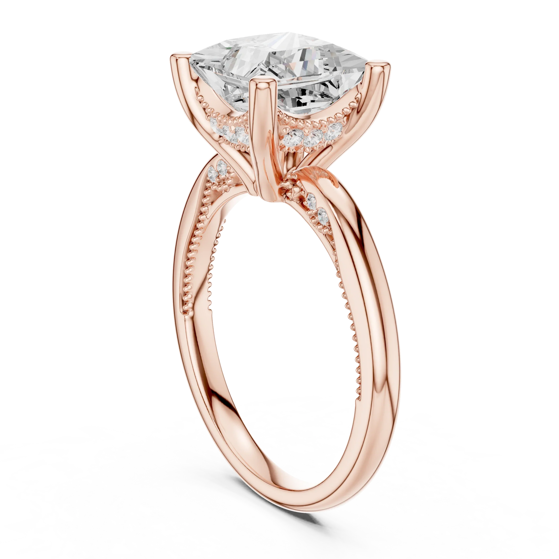 Back view of rose gold princess cut solitaire ring showing hidden halo and domed band structure