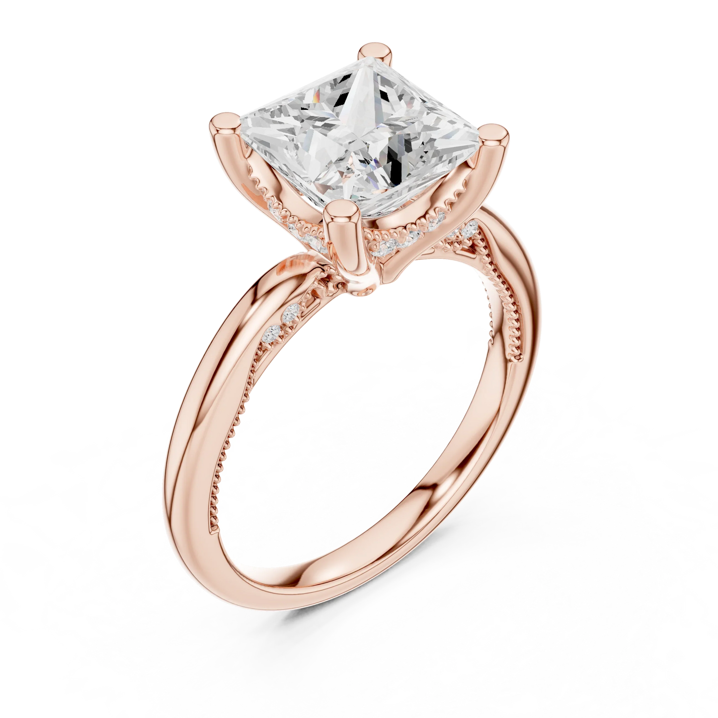 Front view of rose gold princess cut solitaire ring with hidden halo and domed band and lab-created diamond