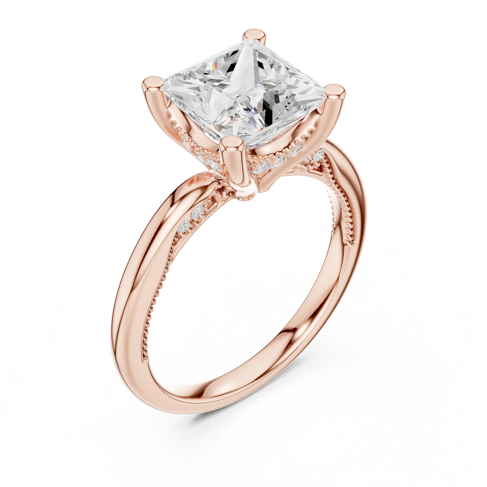Front view of rose gold princess cut solitaire ring with hidden halo and domed band and lab-created diamond
