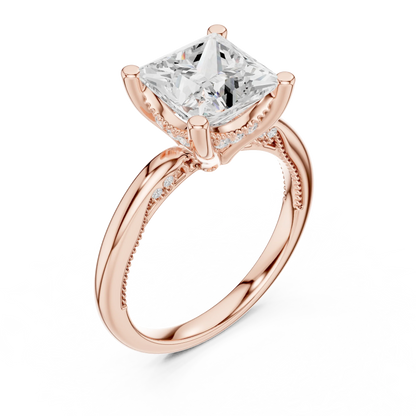 Front view of rose gold princess cut solitaire ring with hidden halo and domed band and lab-created diamond