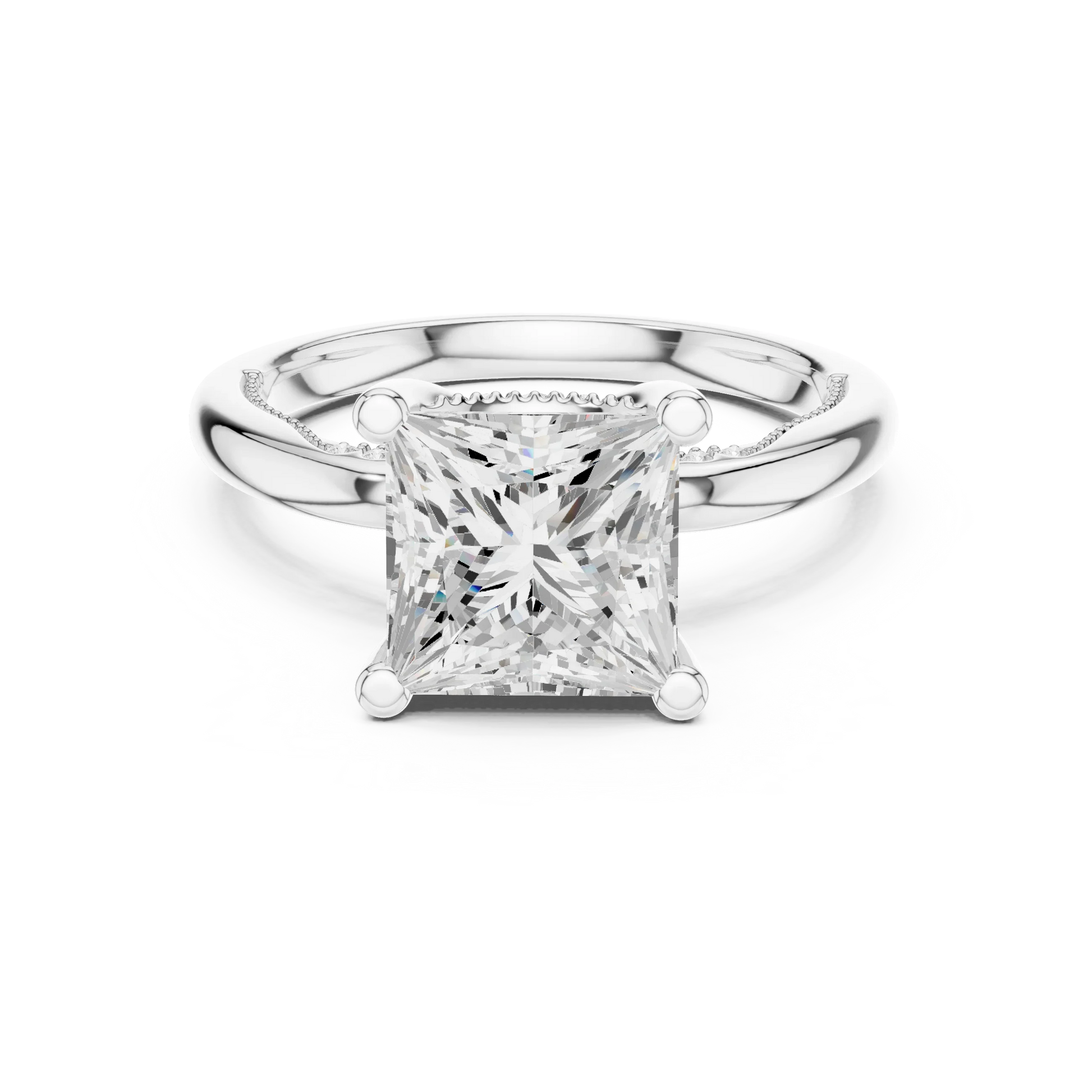 White gold princess cut solitaire ring with hidden halo and domed band featuring lab-grown diamond, elegant design