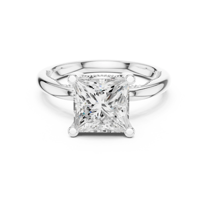 White gold princess cut solitaire ring with hidden halo and domed band featuring lab-grown diamond, elegant design