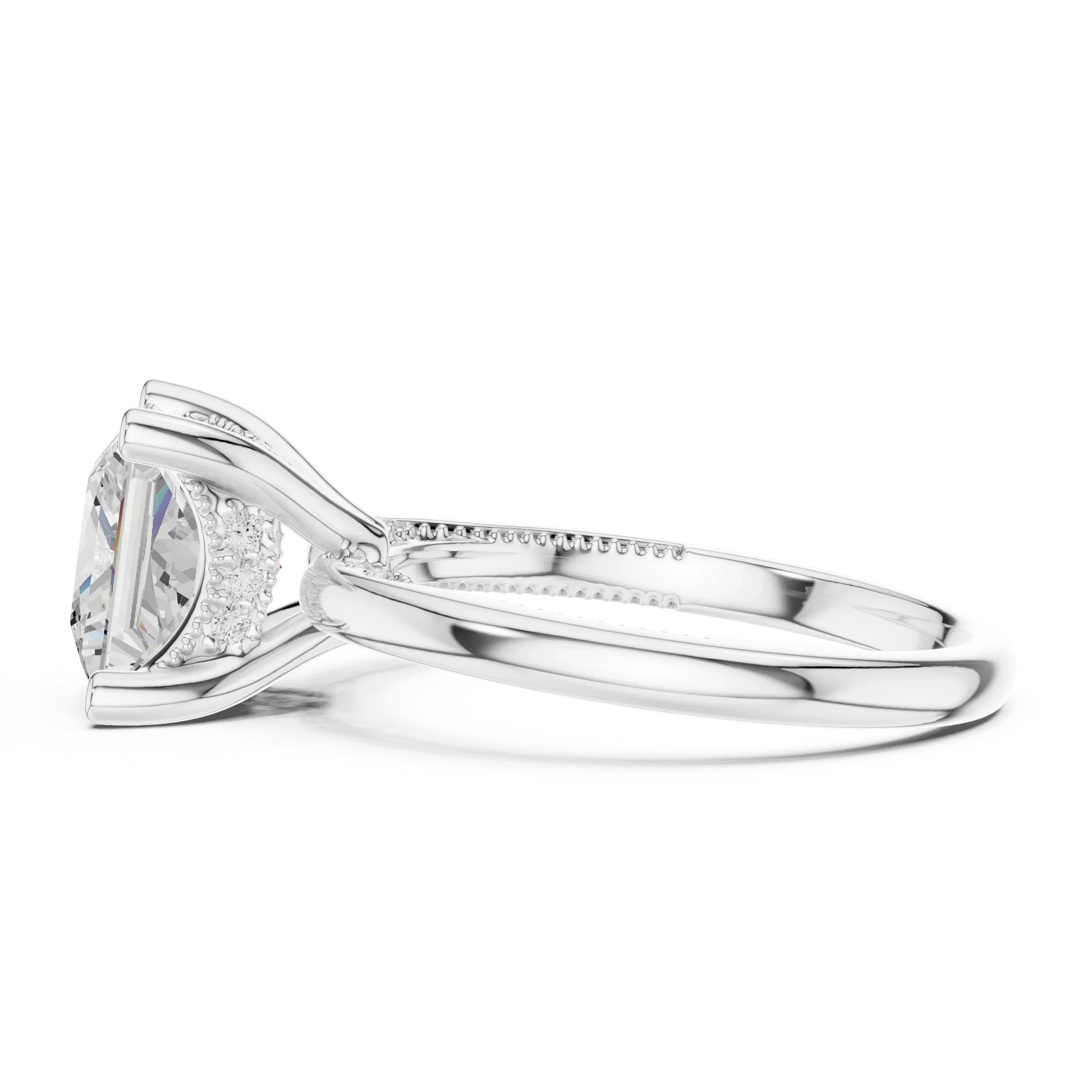 Side view of white gold princess cut solitaire ring highlighting hidden halo and domed band design