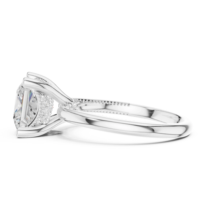 Side view of white gold princess cut solitaire ring highlighting hidden halo and domed band design