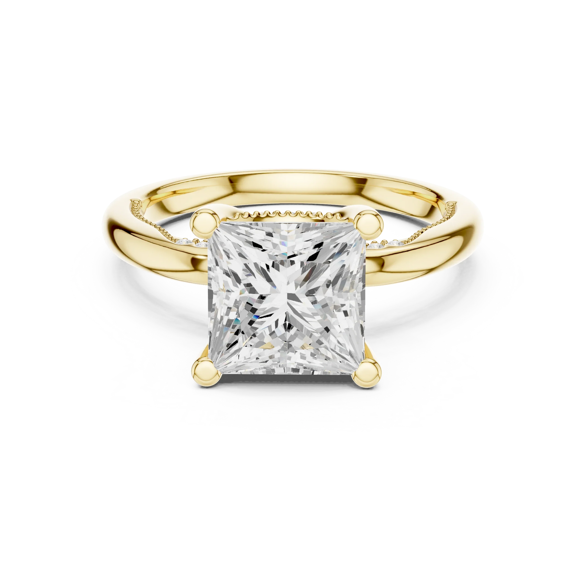 Yellow gold princess cut solitaire ring with hidden halo and domed band featuring lab-grown diamond, classic style