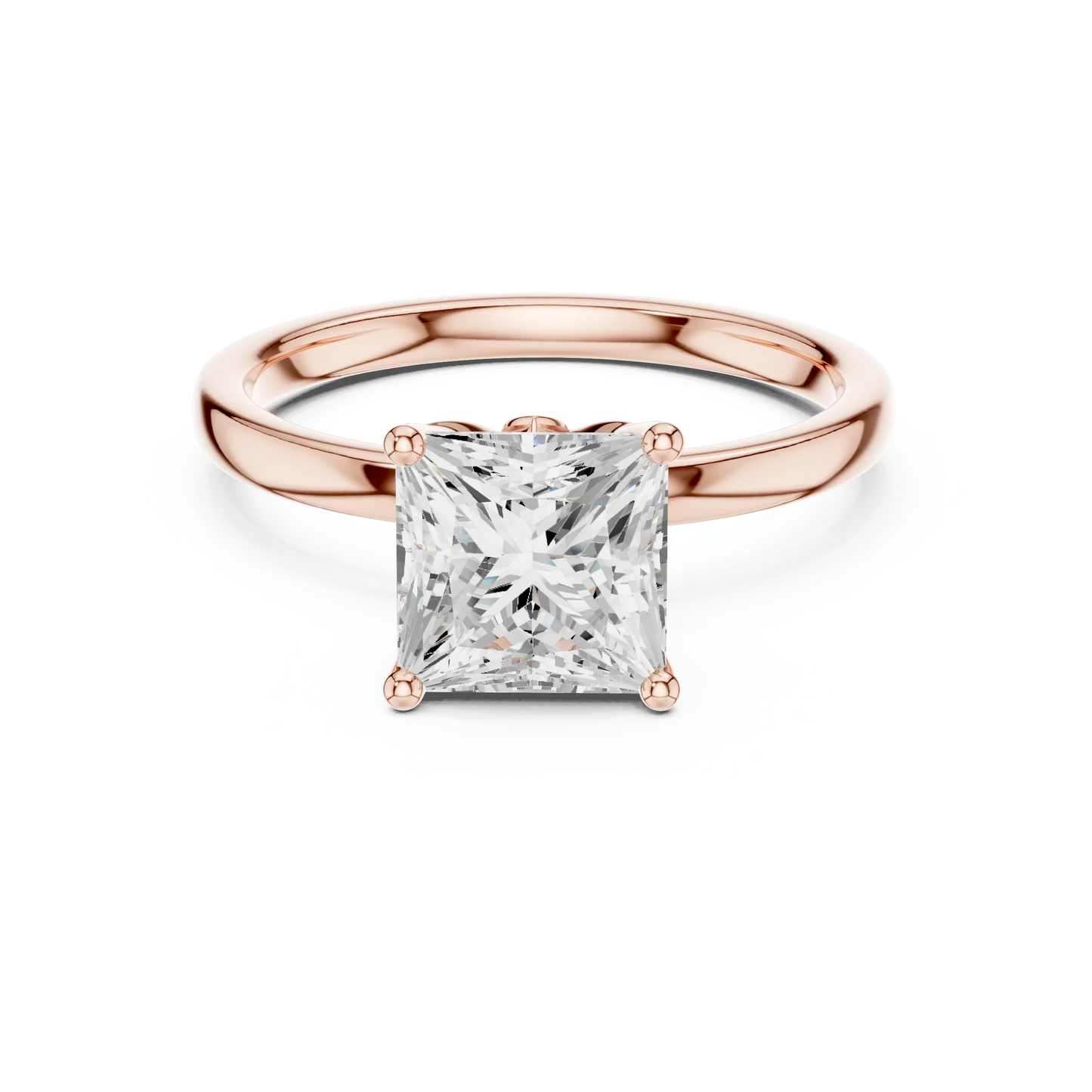 Lab-grown princess cut solitaire ring in rose gold with plain domed band