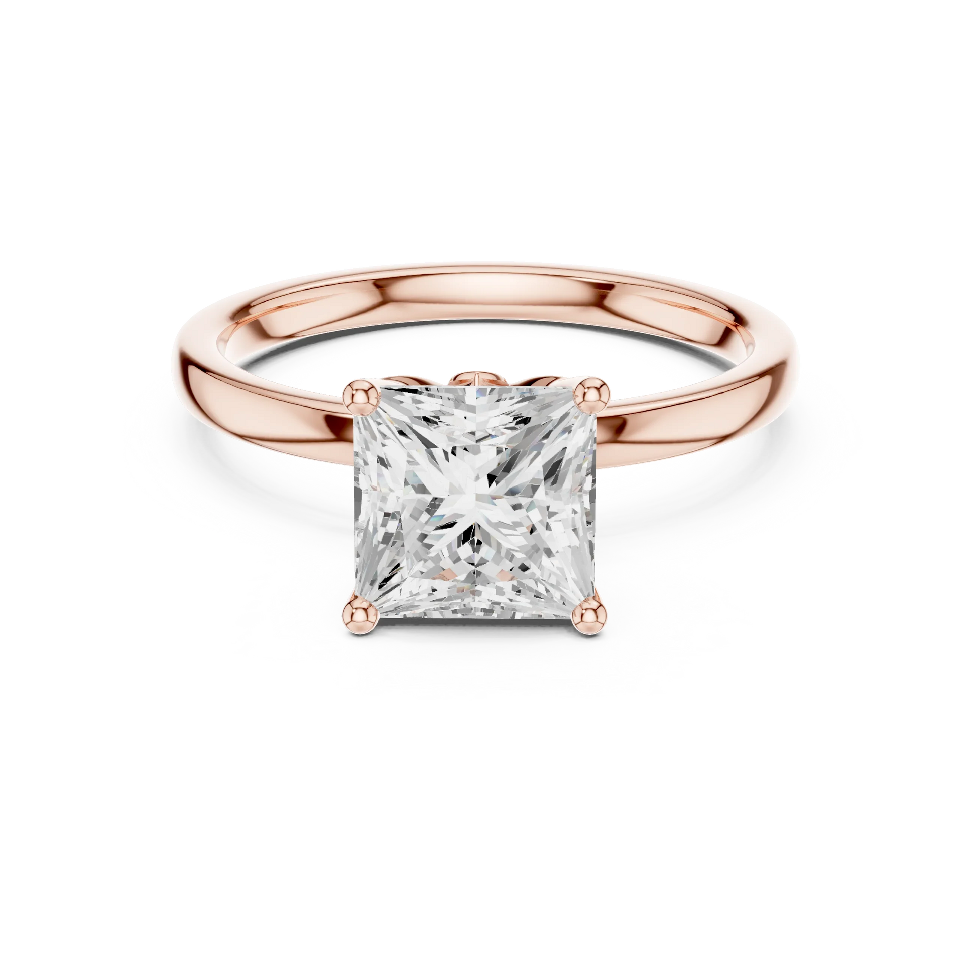 Lab-grown princess cut solitaire ring in rose gold with plain domed band