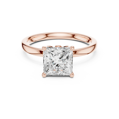 Lab-grown princess cut solitaire ring in rose gold with plain domed band