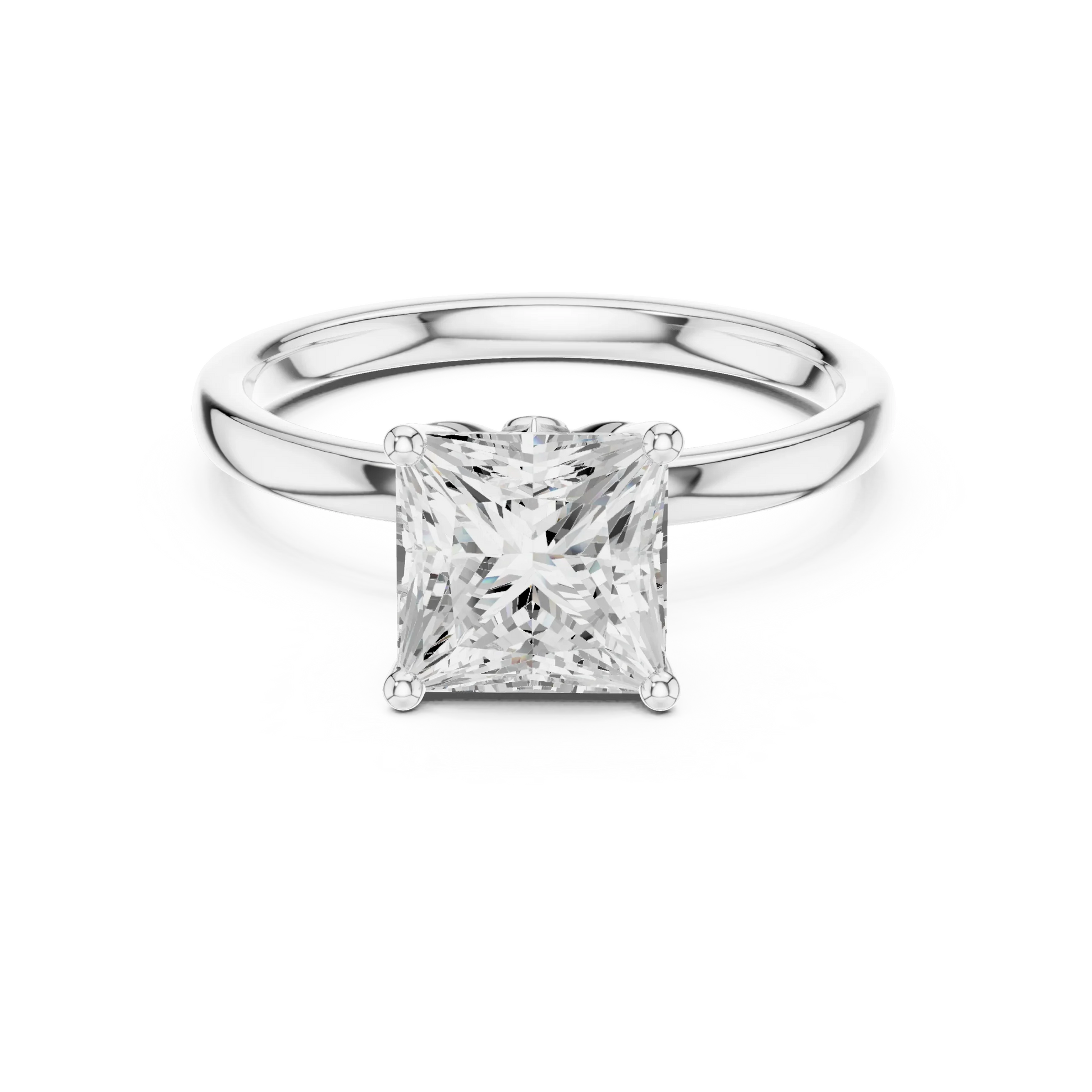 Lab-grown princess cut solitaire ring in white gold with plain domed band