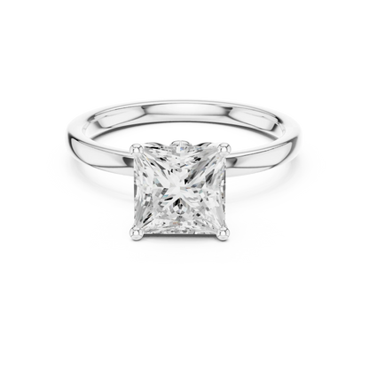 Lab-grown princess cut solitaire ring in white gold with plain domed band
