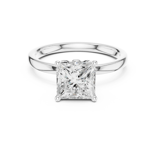 Lab-grown princess cut solitaire ring in white gold with plain domed band