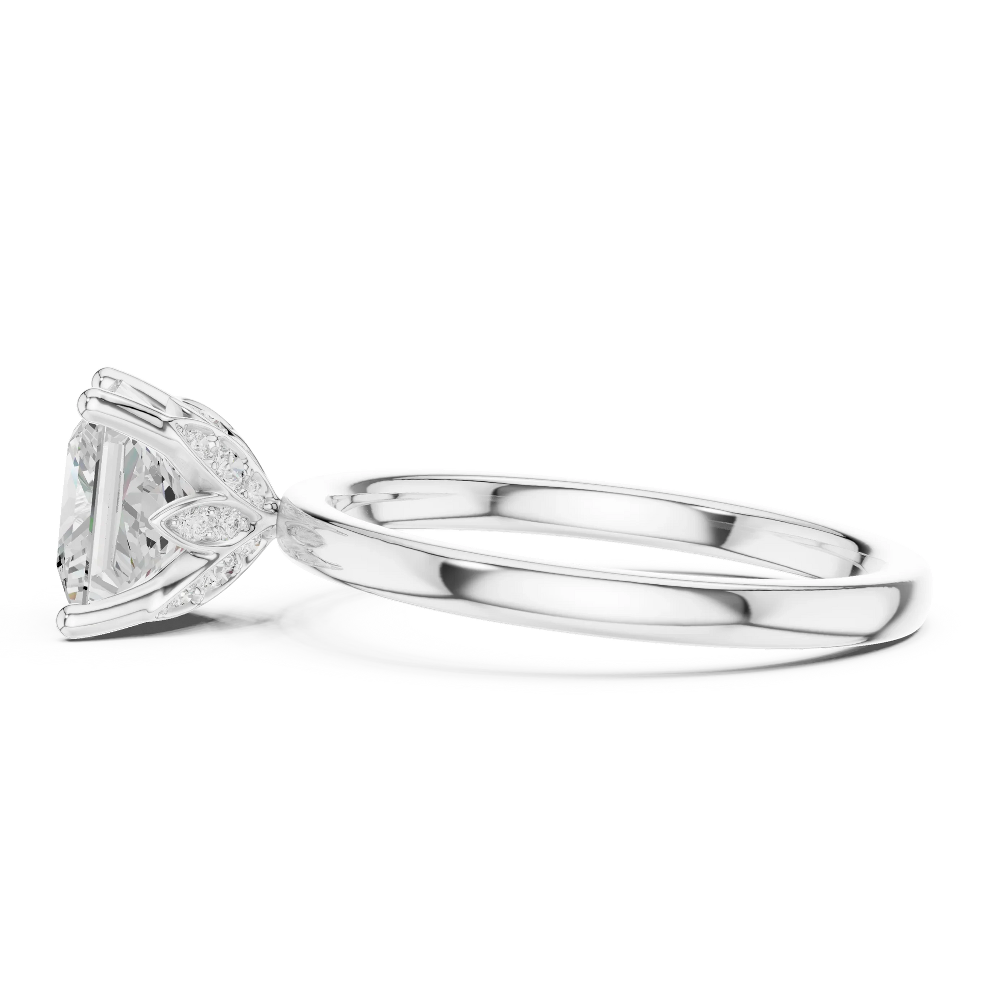Side view of white gold princess cut solitaire ring with domed band and raised setting