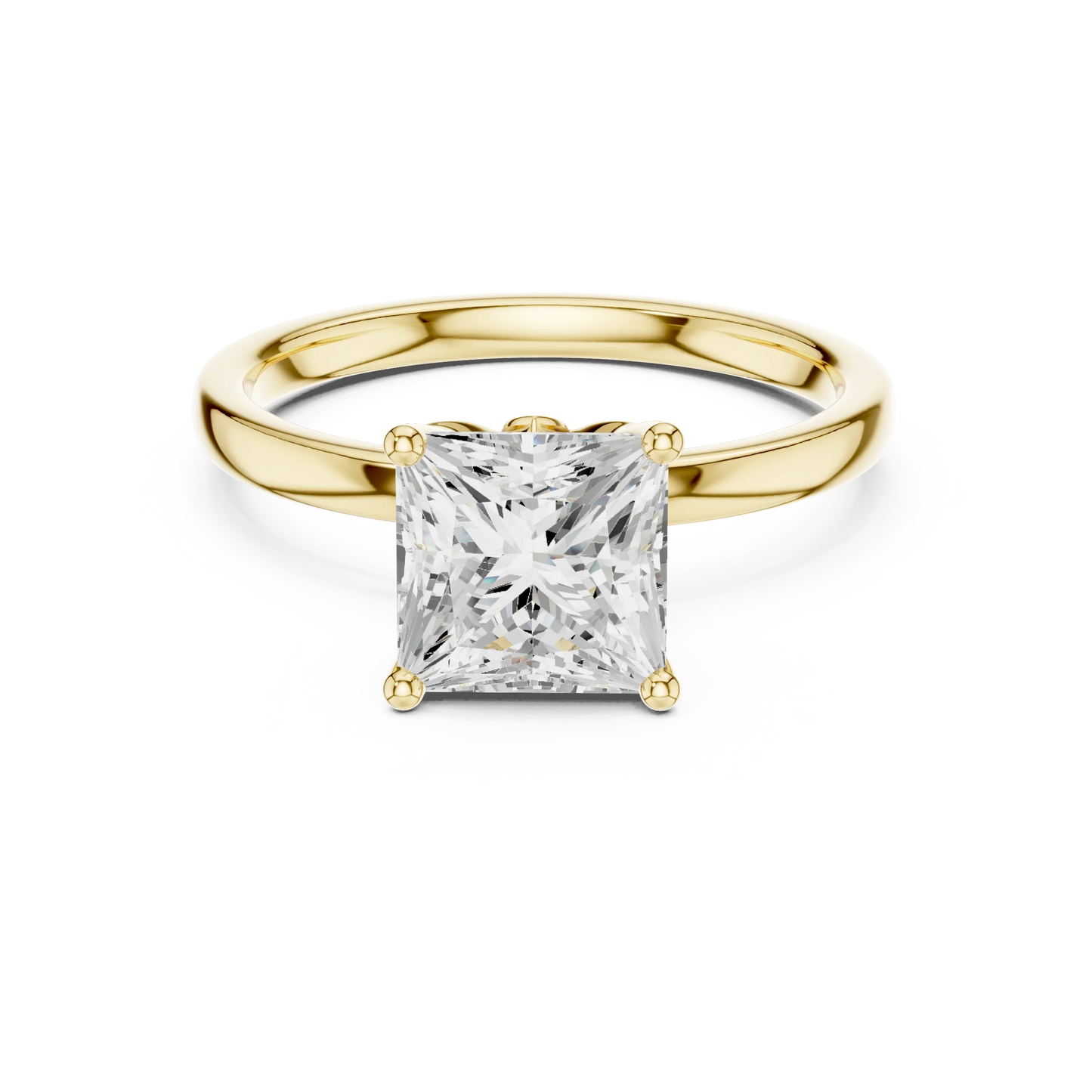 Lab-grown princess cut solitaire ring in yellow gold with smooth domed band