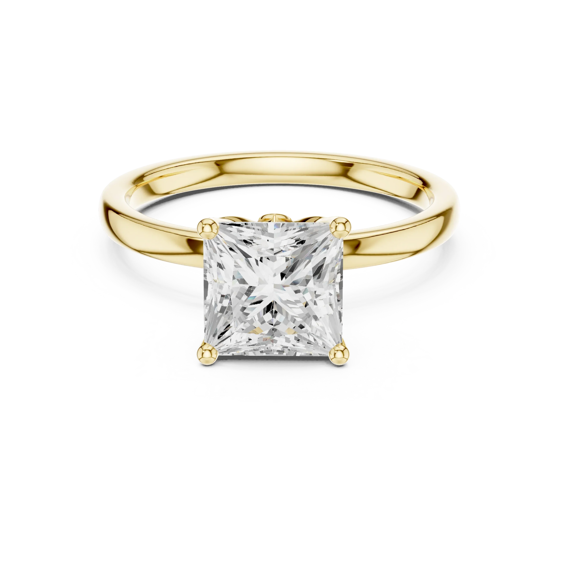 Lab-grown princess cut solitaire ring in yellow gold with smooth domed band