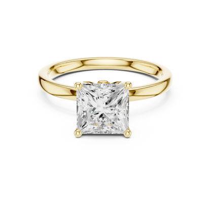 Lab-grown princess cut solitaire ring in yellow gold with smooth domed band
