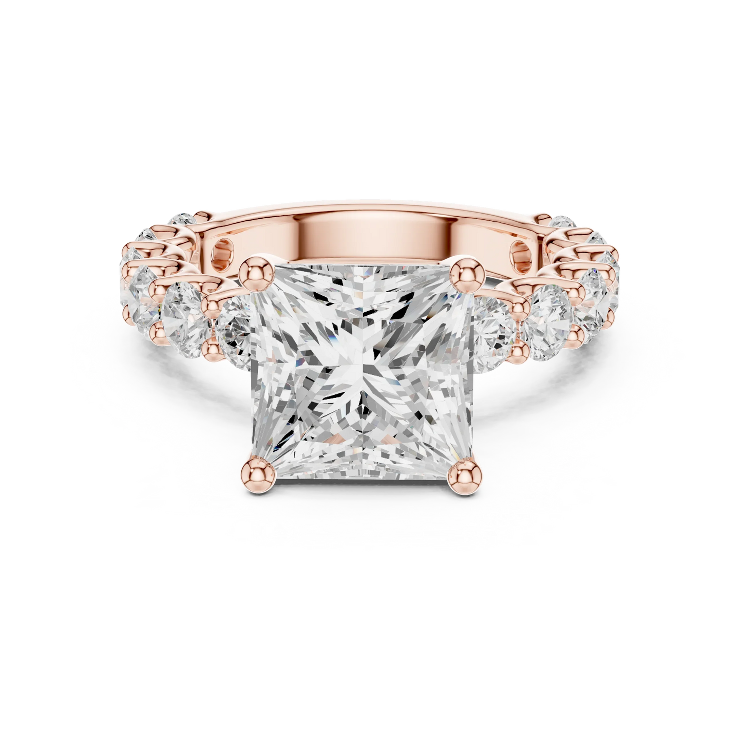Lab-grown princess cut solitaire ring in rose gold with shared prong large stone band