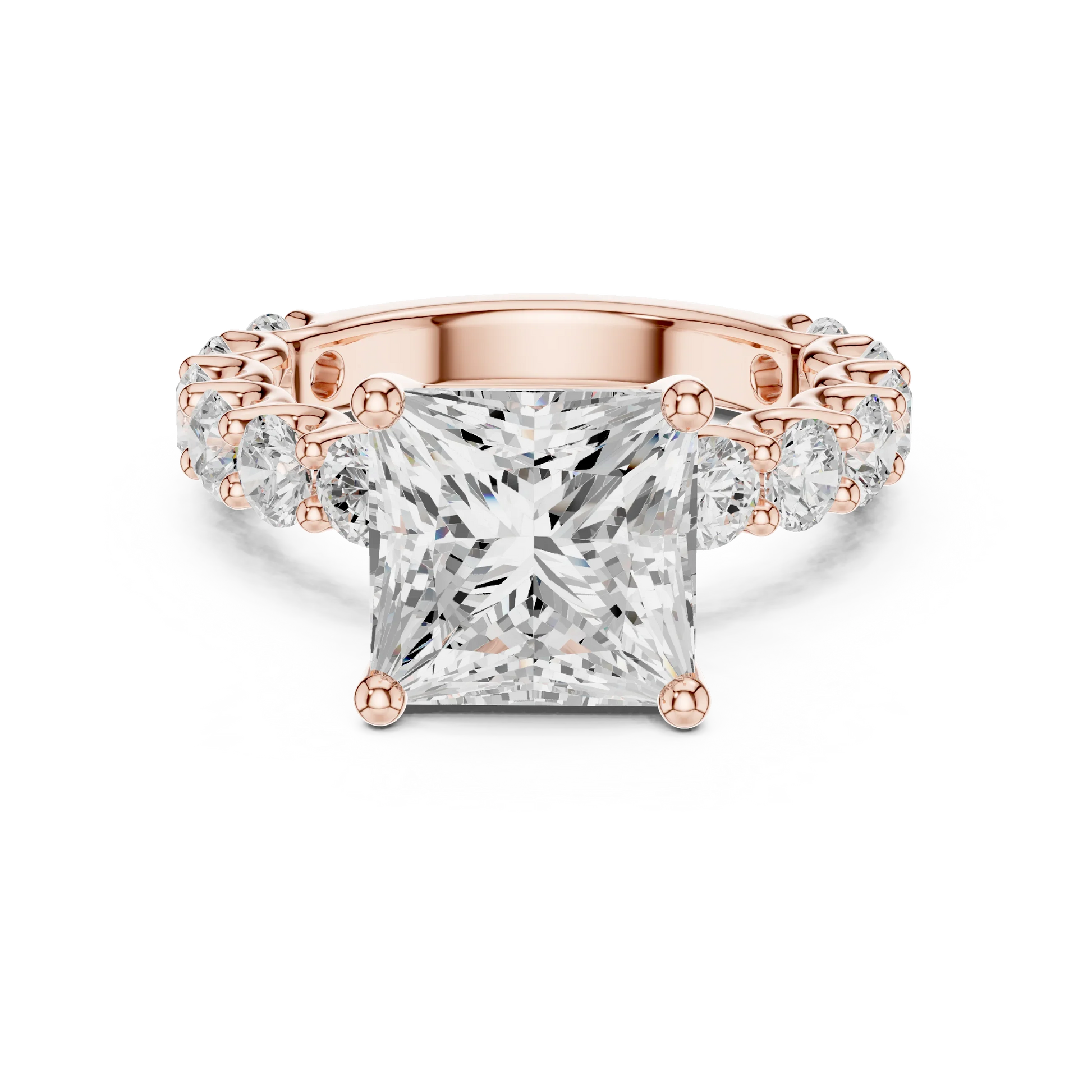 Lab-grown princess cut solitaire ring in rose gold with shared prong large stone band
