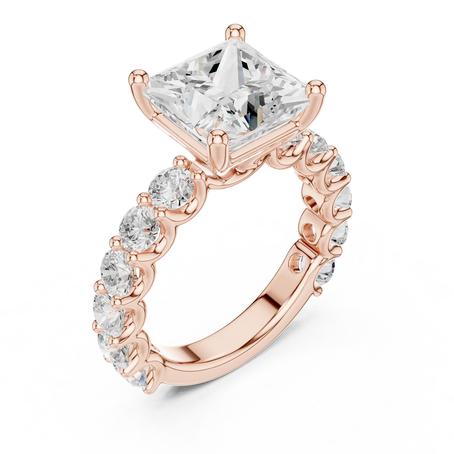 Front view of rose gold princess cut solitaire ring with shared prong large stone band and center stone