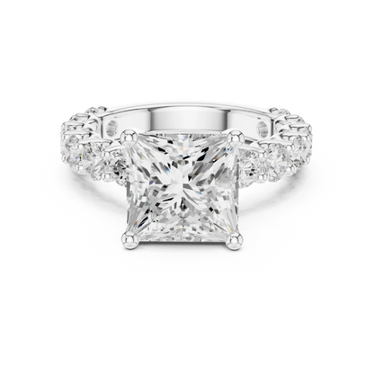 Lab-grown princess cut solitaire ring in white gold with shared prong large stone band