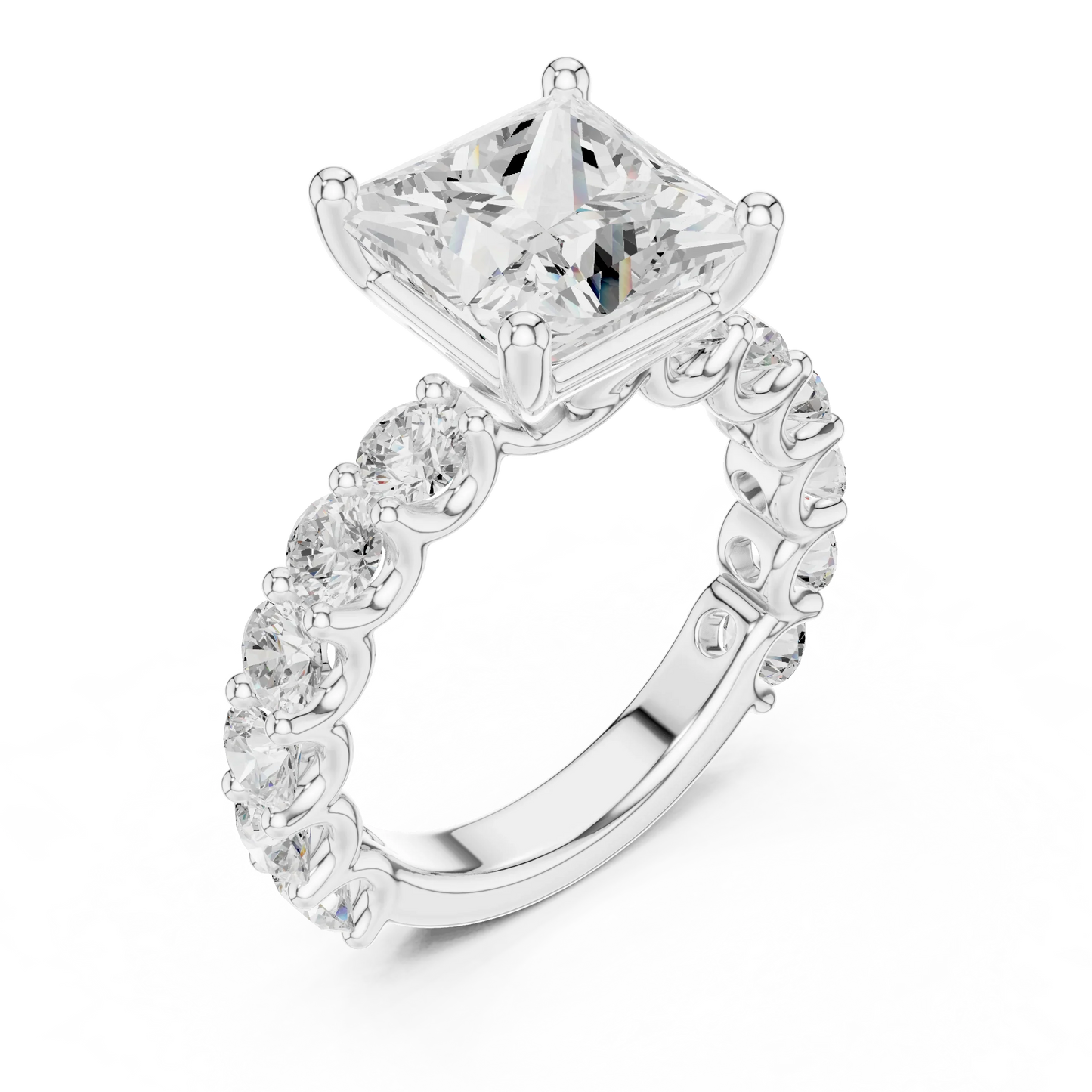 Front view of white gold princess cut solitaire ring with shared prong large stone band and center stone