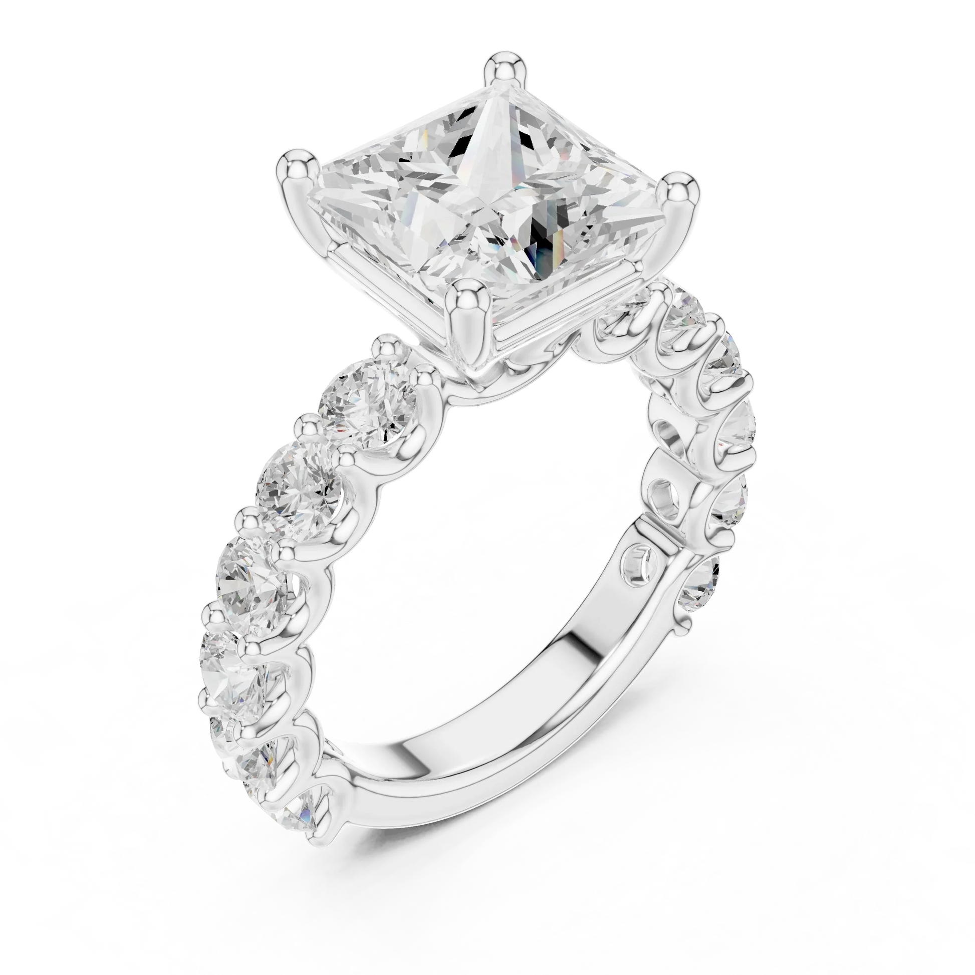 Front view of white gold princess cut solitaire ring with shared prong large stone band and center stone