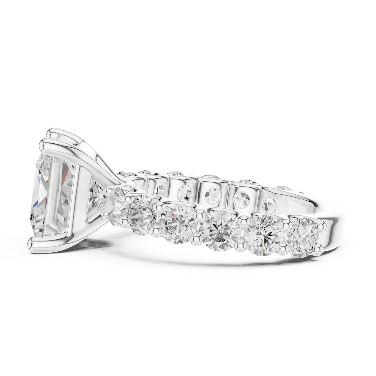 Side view of white gold princess cut solitaire ring with shared prong large stone band and elevated setting