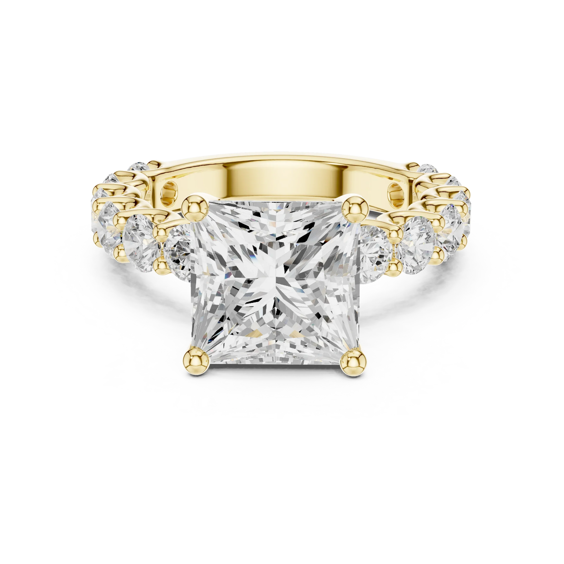 Lab-grown princess cut solitaire ring in yellow gold with shared prong large stone band