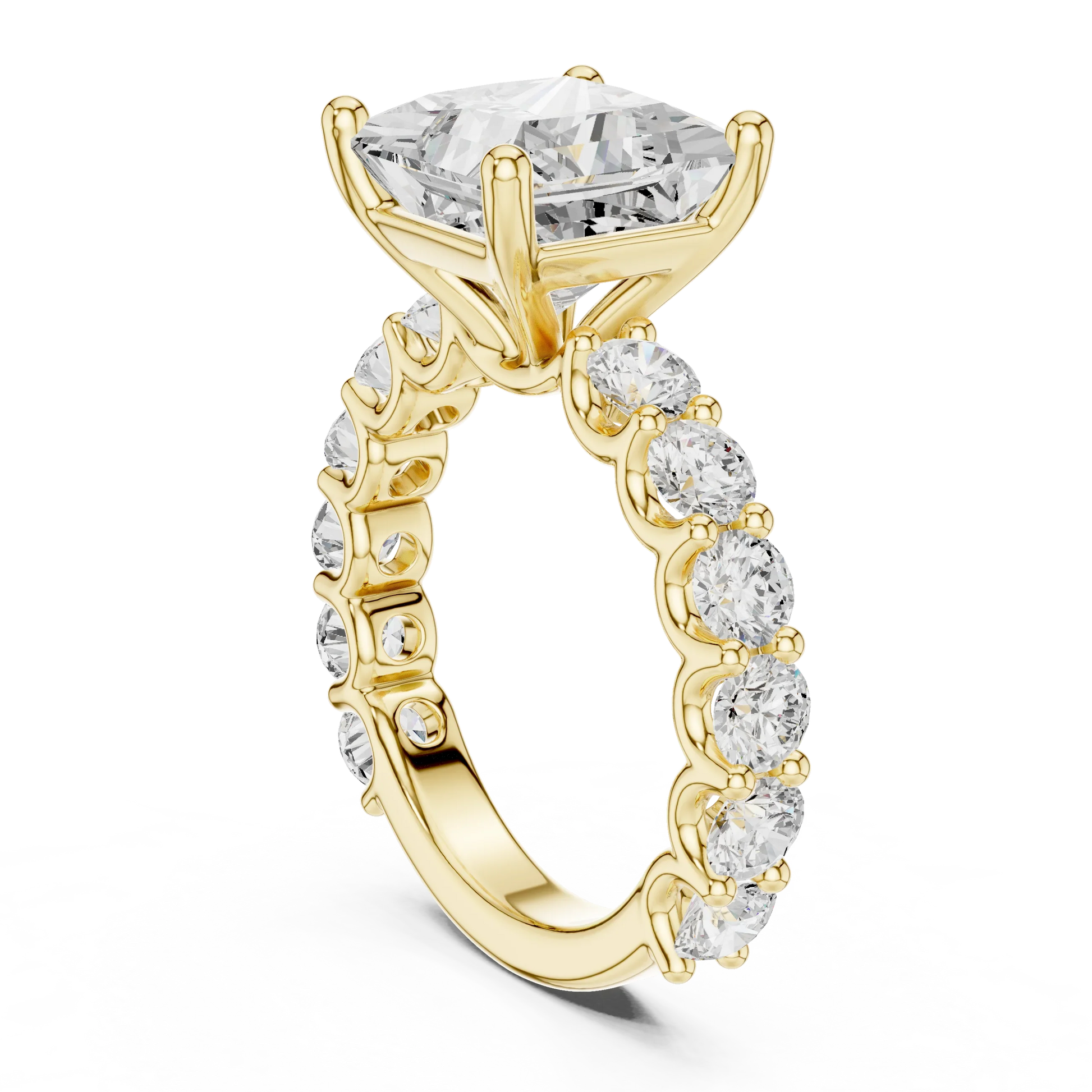 Back side view of yellow gold princess cut solitaire ring showing shared prong large stone band and setting structure