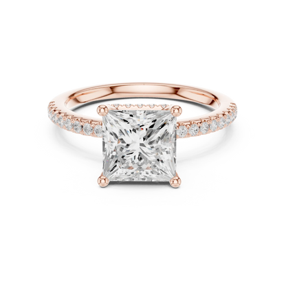 Princess solitaire ring in rose gold with thin pave band and lab-grown diamond – Australia