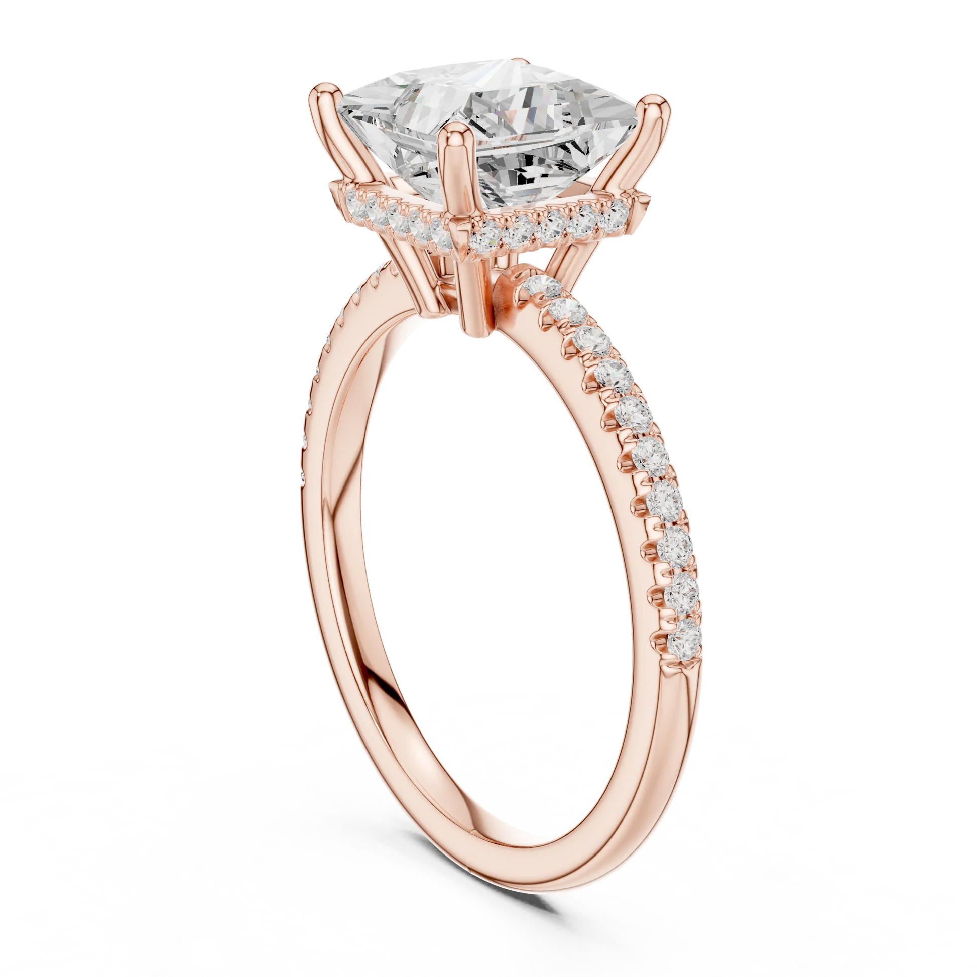Back side view of rose gold princess solitaire ring with thin pave band and lab-grown diamond – Australia