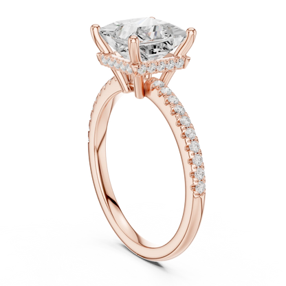 Back side view of rose gold princess solitaire ring with thin pave band and lab-grown diamond – Australia