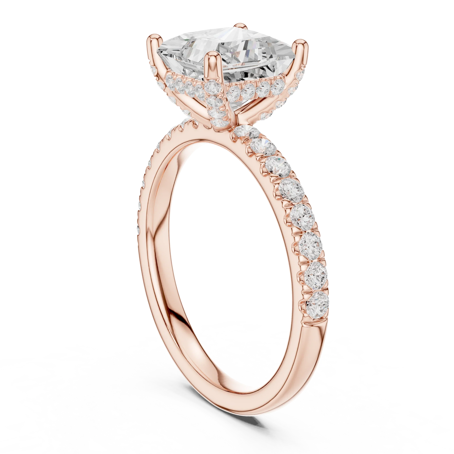 Back side view of rose gold princess solitaire ring with thin pave band and lab-grown diamond – Australia