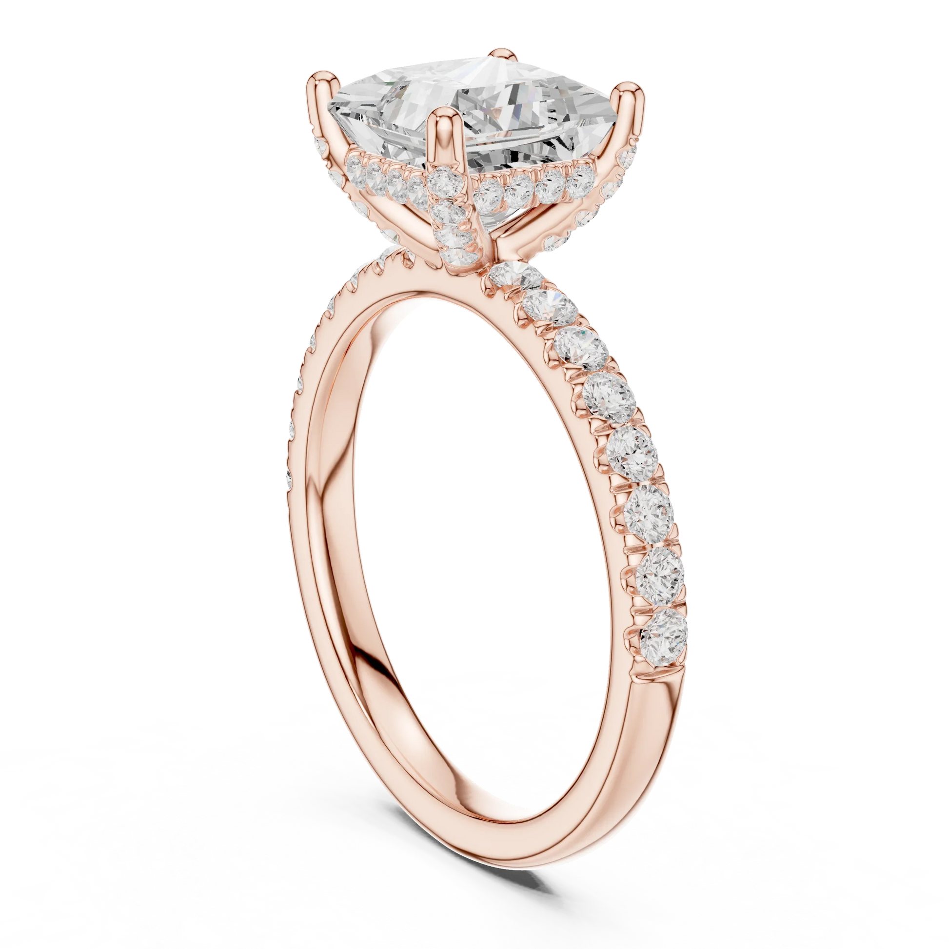 Back side view of rose gold princess solitaire ring with thin pave band and lab-grown diamond – Australia