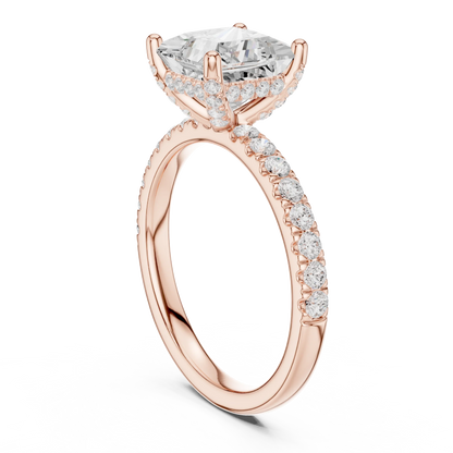 Back side view of rose gold princess solitaire ring with thin pave band and lab-grown diamond – Australia
