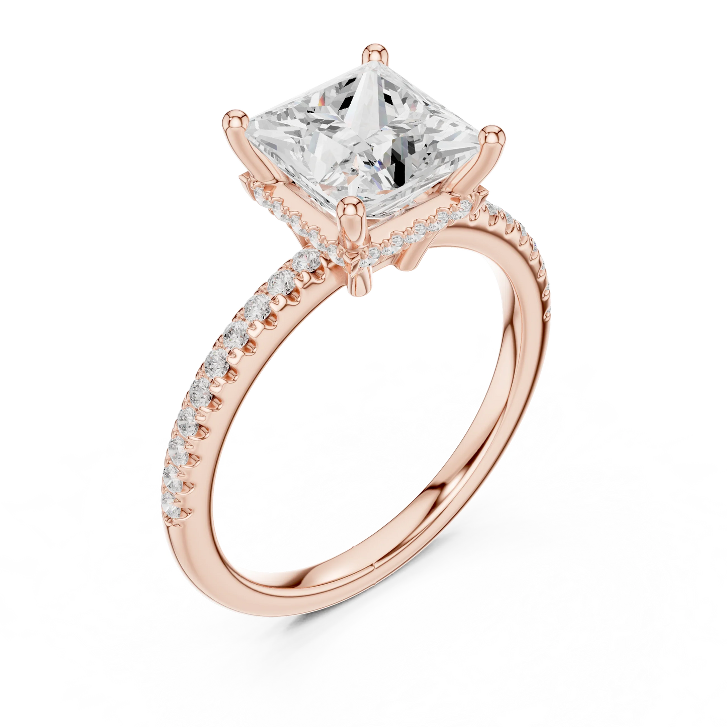 Front view of rose gold princess solitaire ring with thin pave band and lab-grown diamond – Australia
