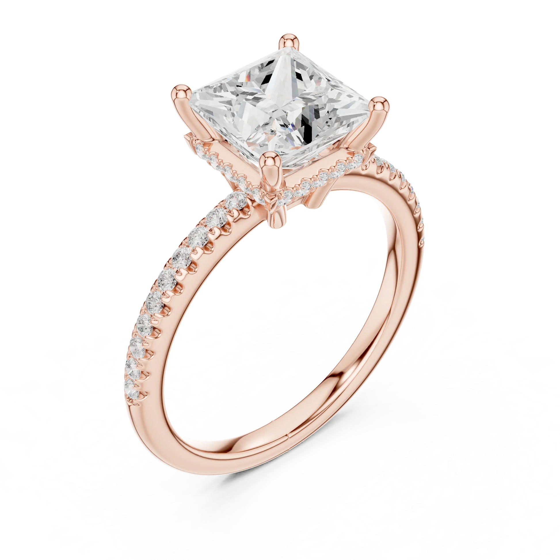 Front view of rose gold princess solitaire ring with thin pave band and lab-grown diamond – Australia