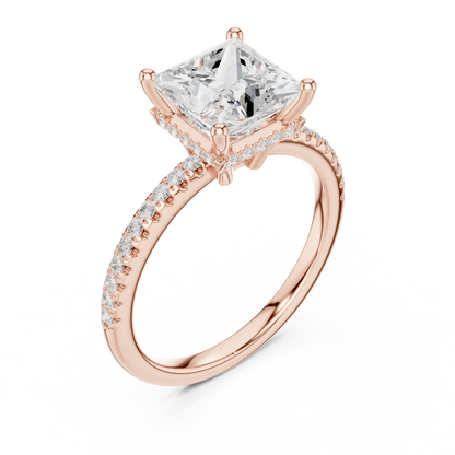 Front view of rose gold princess solitaire ring with thin pave band and lab-grown diamond – Australia
