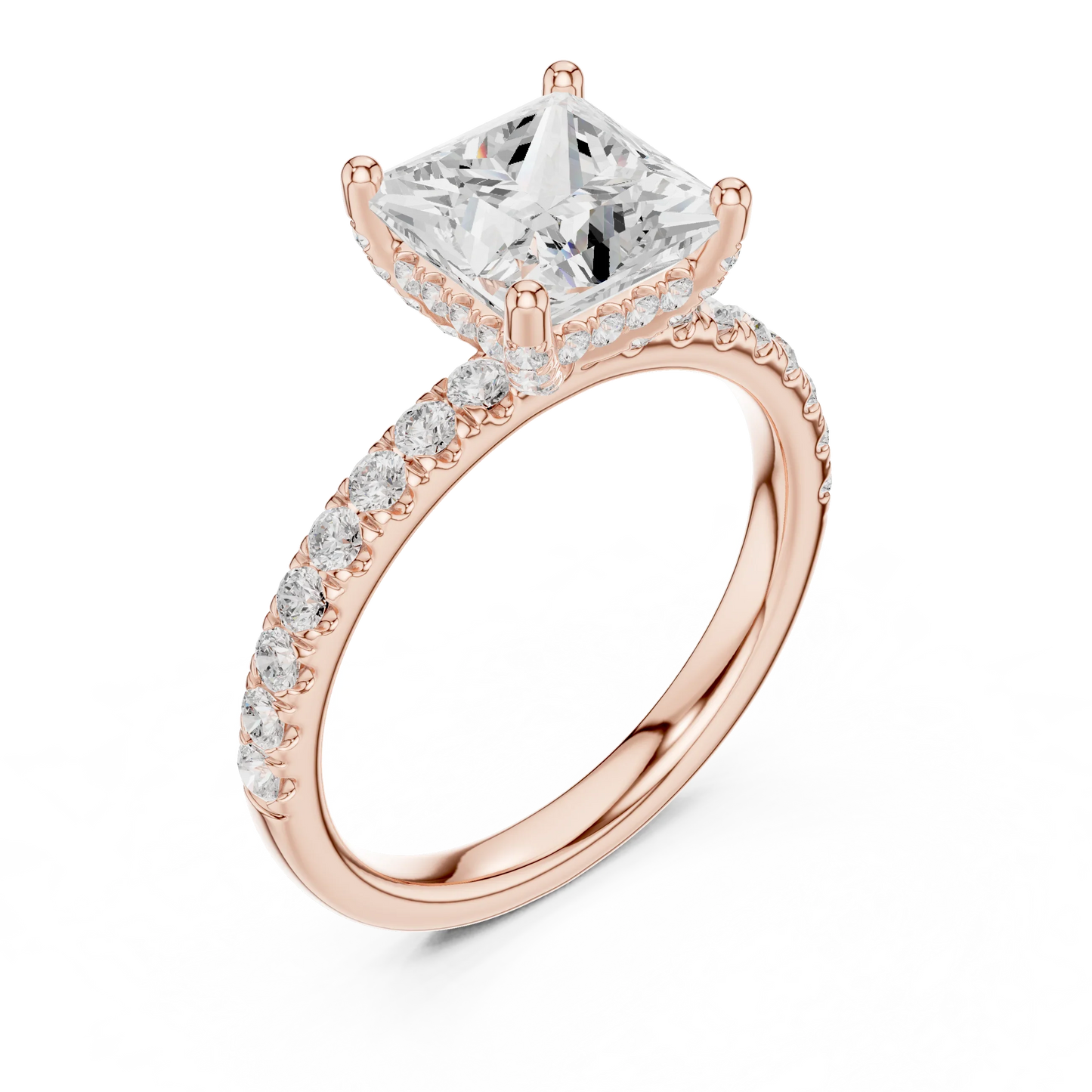 Front view of rose gold princess solitaire ring with thin pave band and lab-grown diamond – Australia