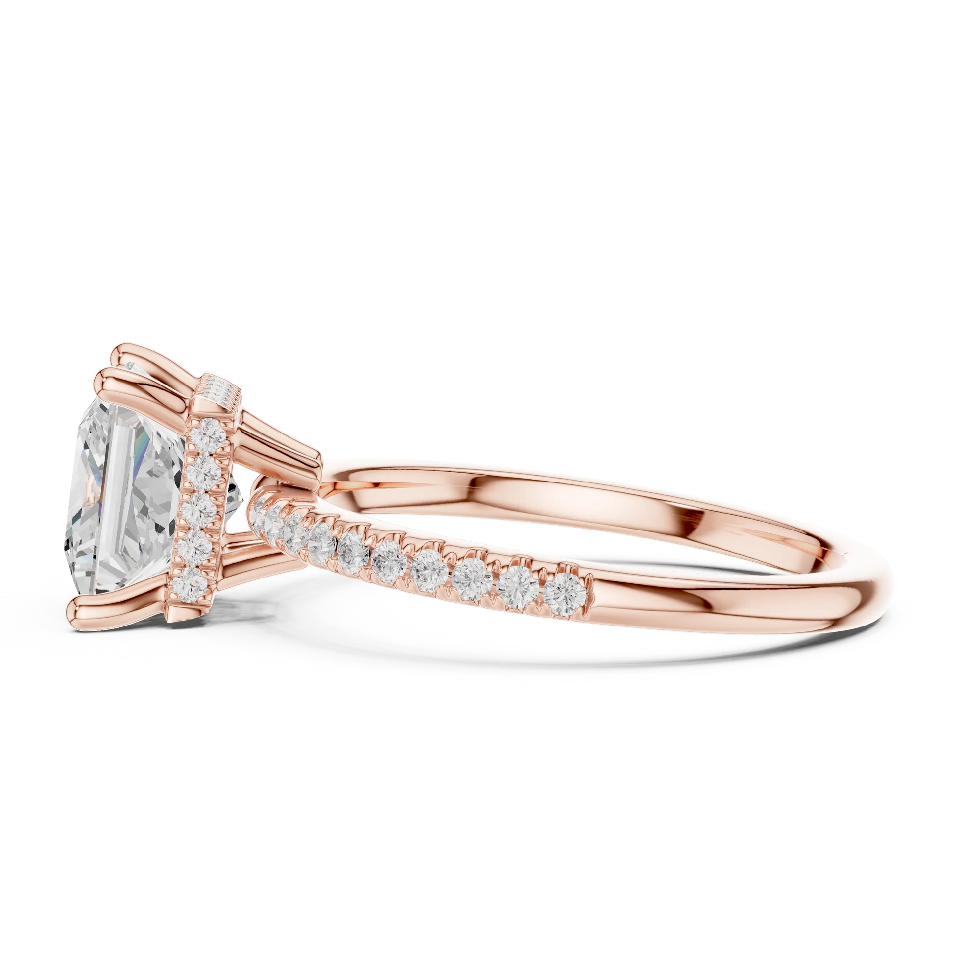 Side view of rose gold princess solitaire ring with thin pave band and lab-grown diamond – Australia
