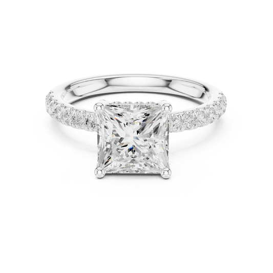 Princess solitaire ring in white gold with thin pave band and lab-grown diamond – Australia