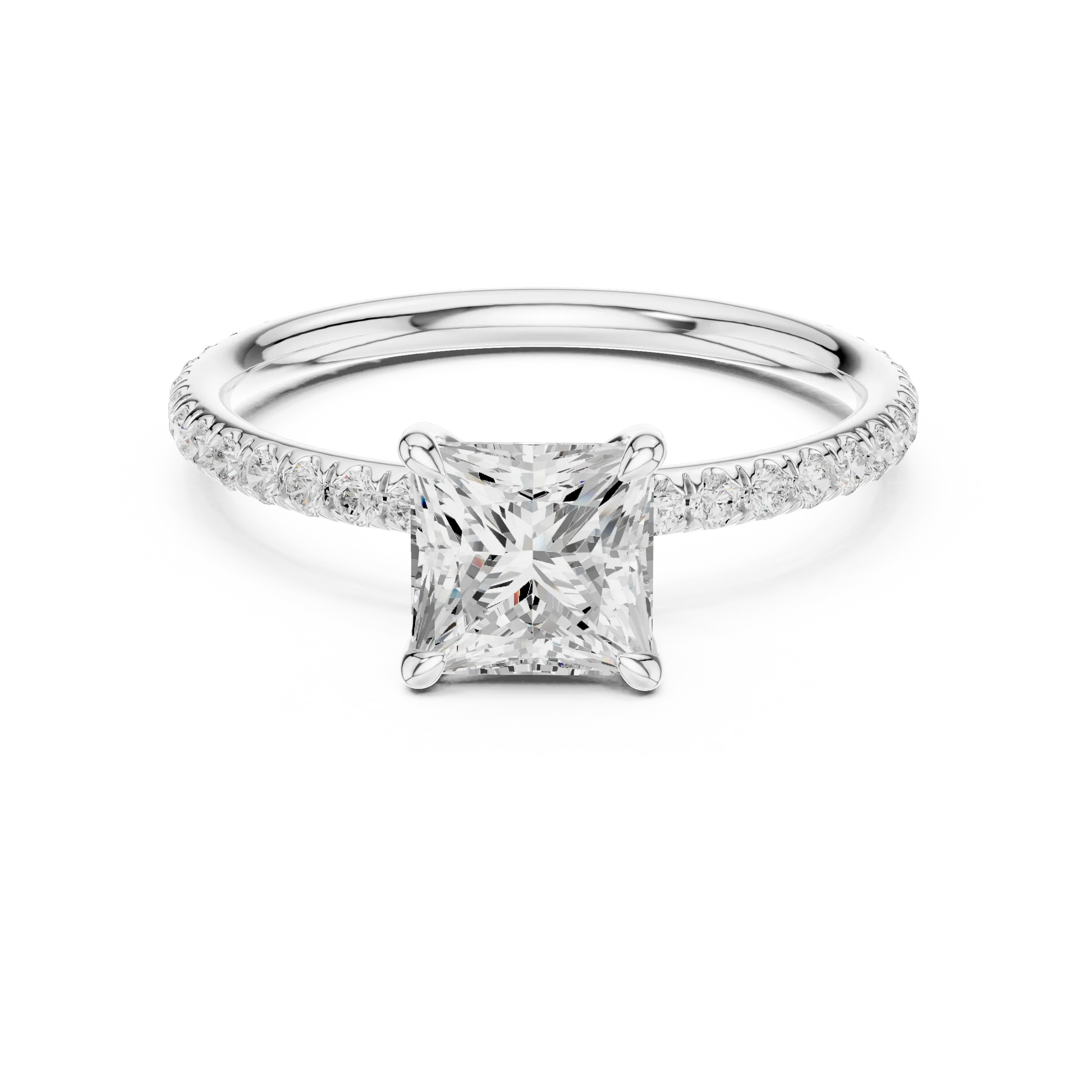 Lab-grown princess cut solitaire ring in white gold with thin pavé diamond band