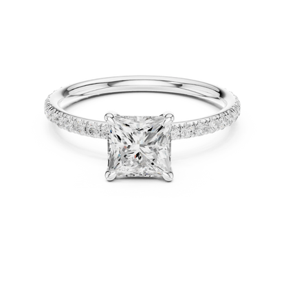 Lab-grown princess cut solitaire ring in white gold with thin pavé diamond band