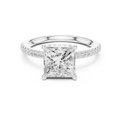 Princess solitaire ring in white gold with thin pave band and lab-grown diamond – Australia