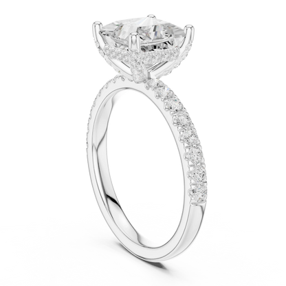 Back side view of white gold princess solitaire ring with thin pave band and lab-grown diamond – Australia