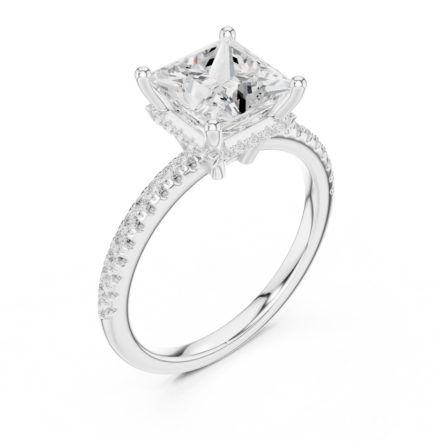 Front view of white gold princess solitaire ring with thin pave band and lab-grown diamond – Australia
