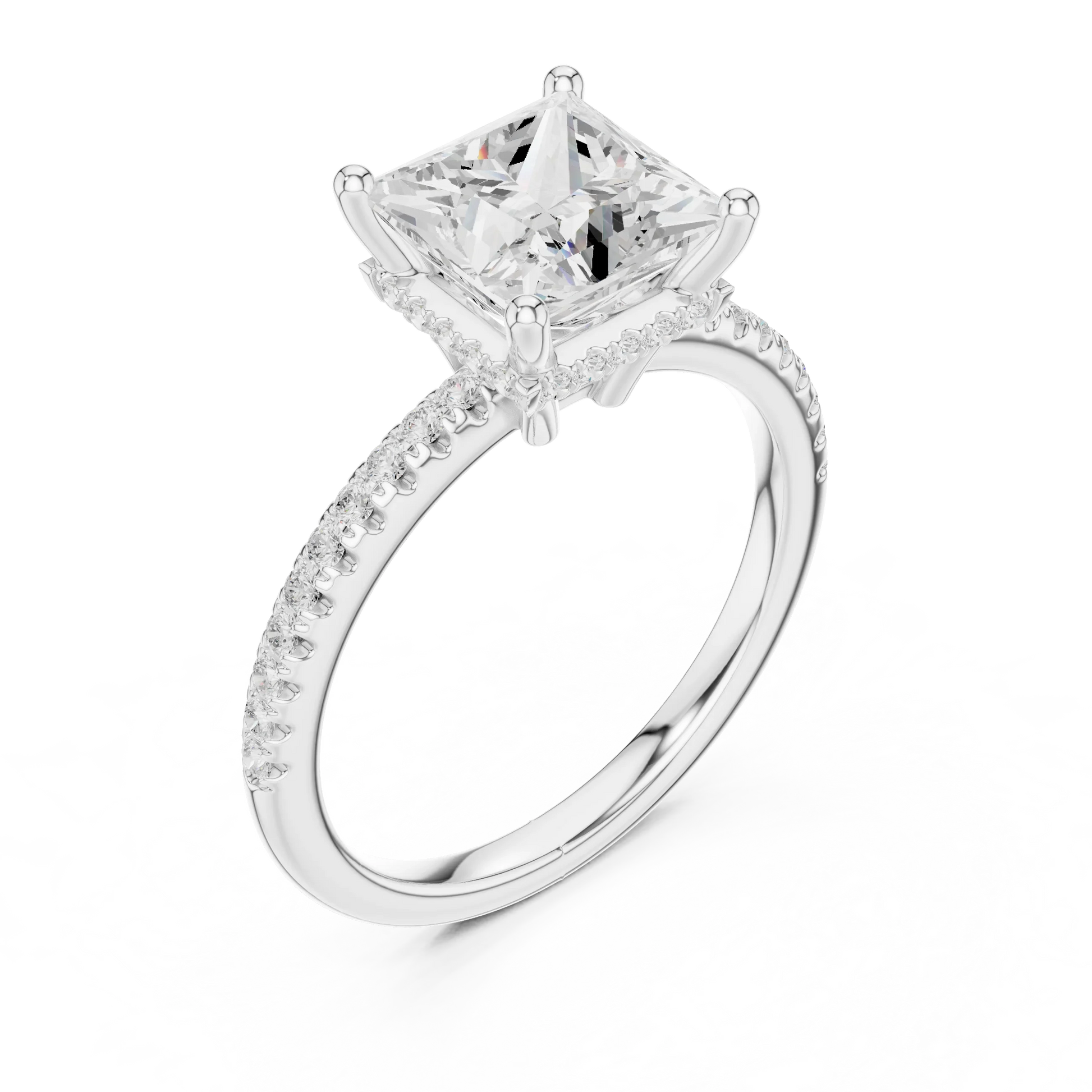 Front view of white gold princess solitaire ring with thin pave band and lab-grown diamond – Australia