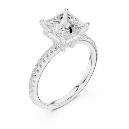 Front view of white gold princess solitaire ring with thin pave band and lab-grown diamond – Australia