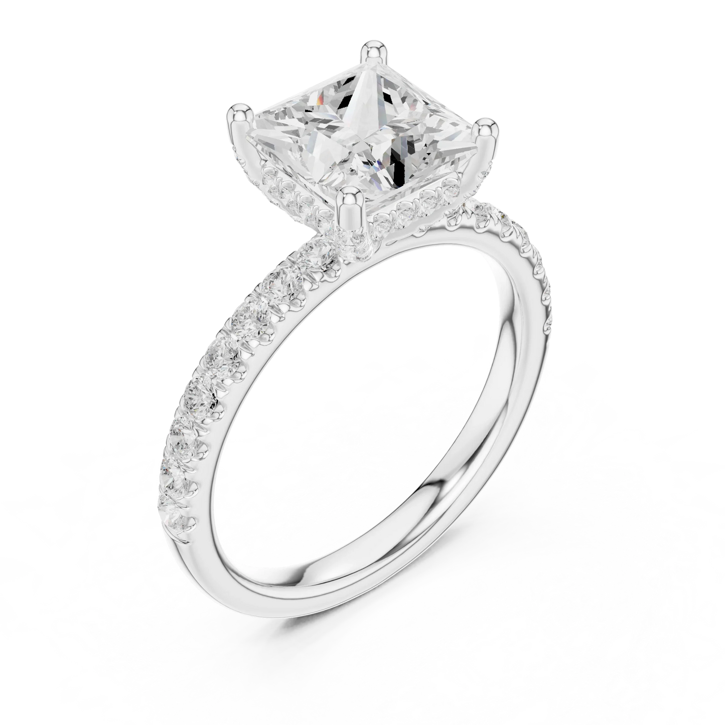 Front view of white gold princess solitaire ring with thin pave band and lab-grown diamond – Australia