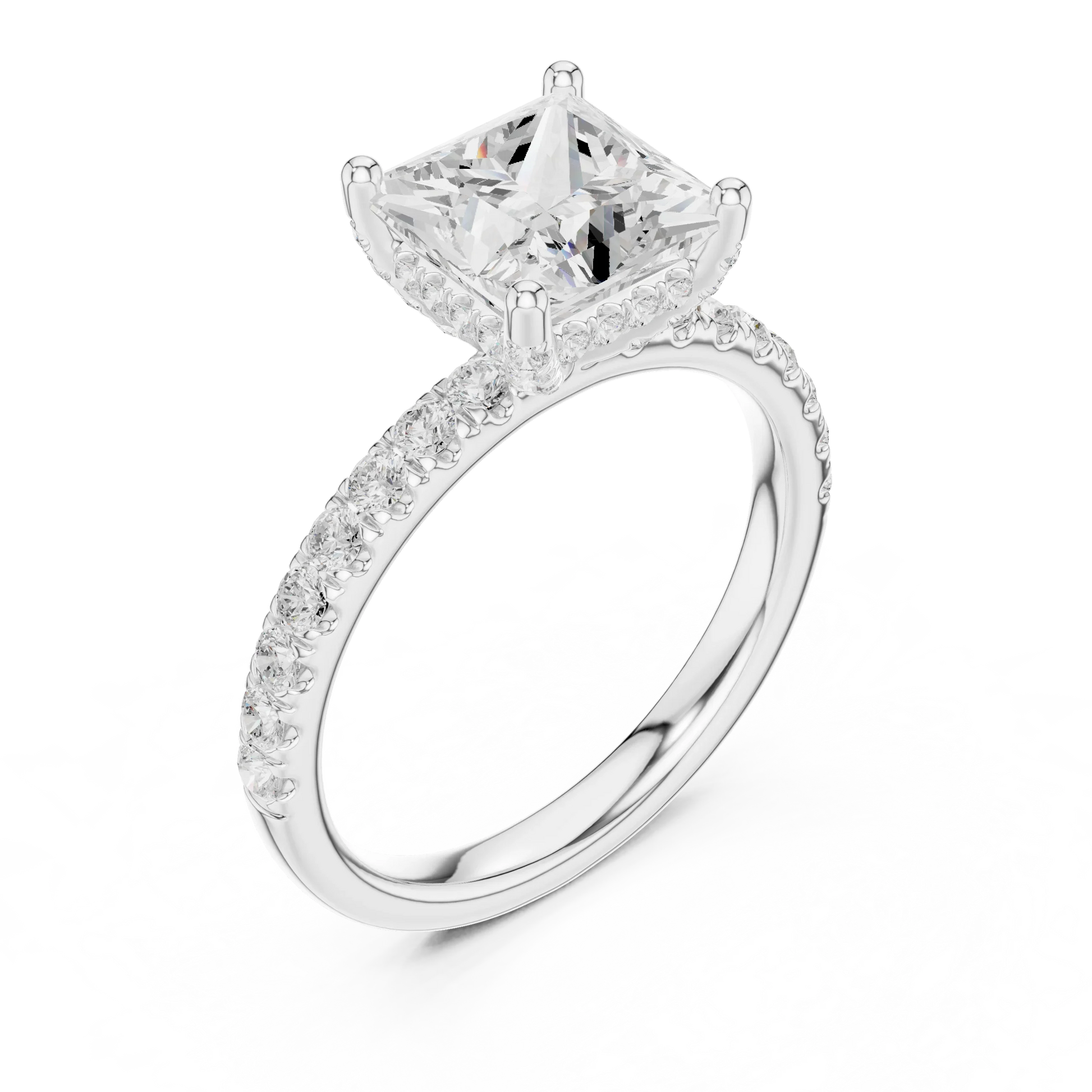 Front view of white gold princess solitaire ring with thin pave band and lab-grown diamond – Australia