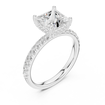 Front view of white gold princess solitaire ring with thin pave band and lab-grown diamond – Australia